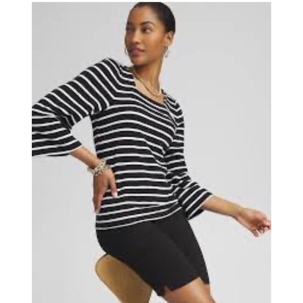 Chicos Travelers 3 Top Womens XL Black White Stripe Stretch Knit Slinky Blouse